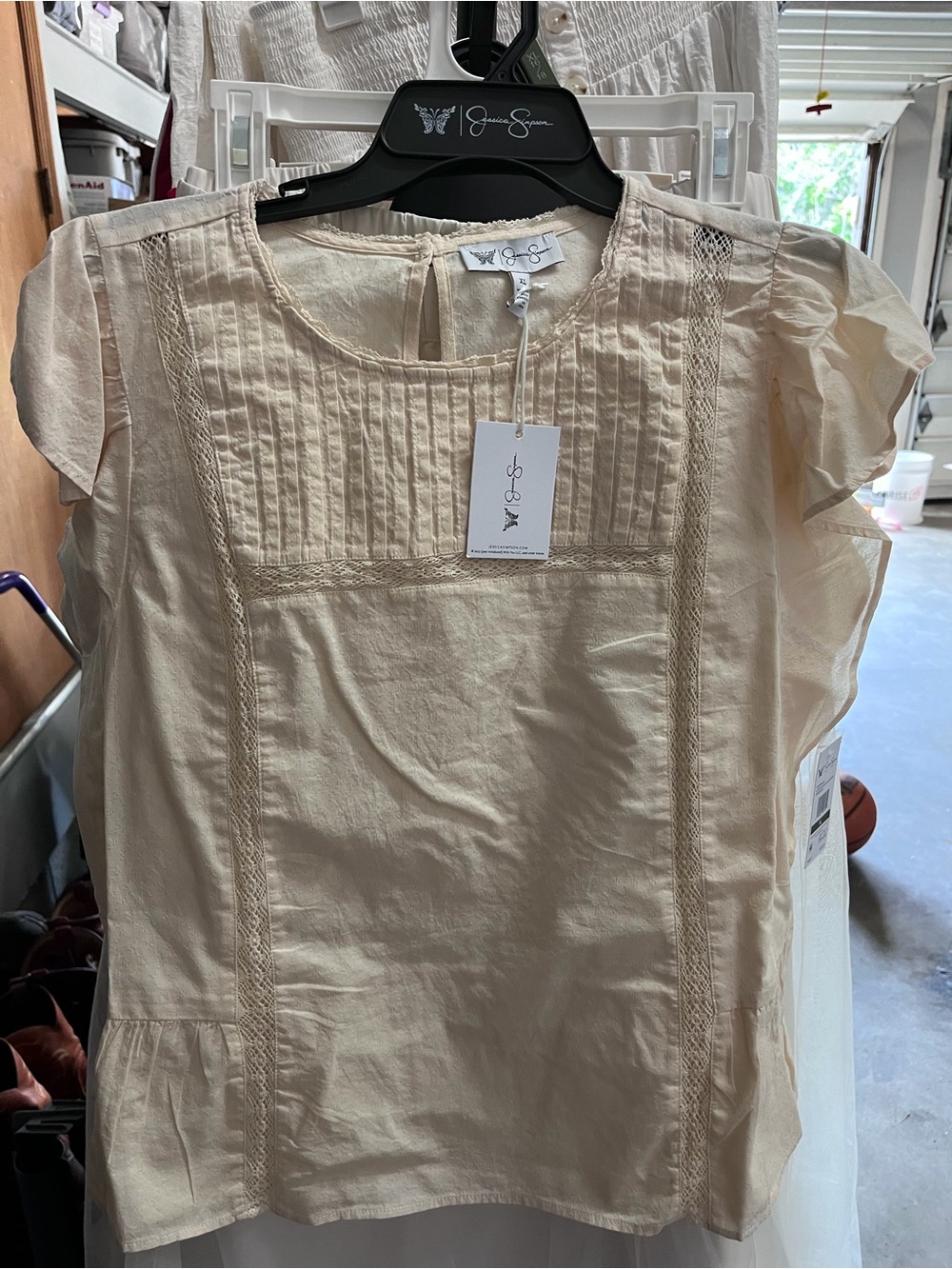 Jessica Simpson Cream Flutter Sleeve Lace-Trim Top - Picture 3 of 3